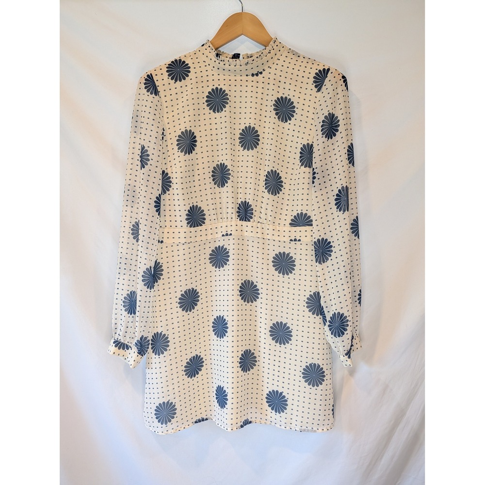 Womens Navy Blue Floral Mock Neck Chiffon Mini Dress Long Sleeve Cream Lined